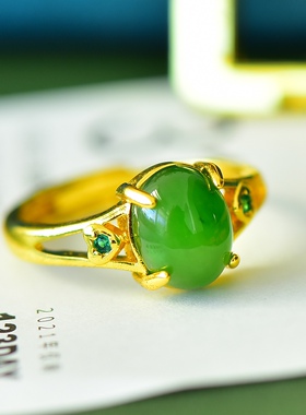 新款清雅脱俗天然和田玉碧玉绿宝石活口戒指女时尚指环送女友礼物