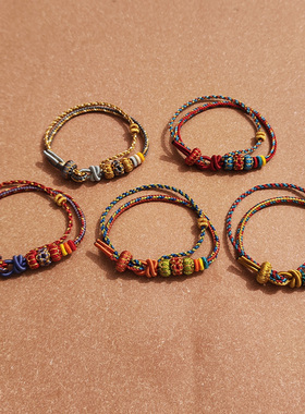 手工编织双层穿珠手绳桃花红绳手链男女生编织手绳DIY转运珠礼物