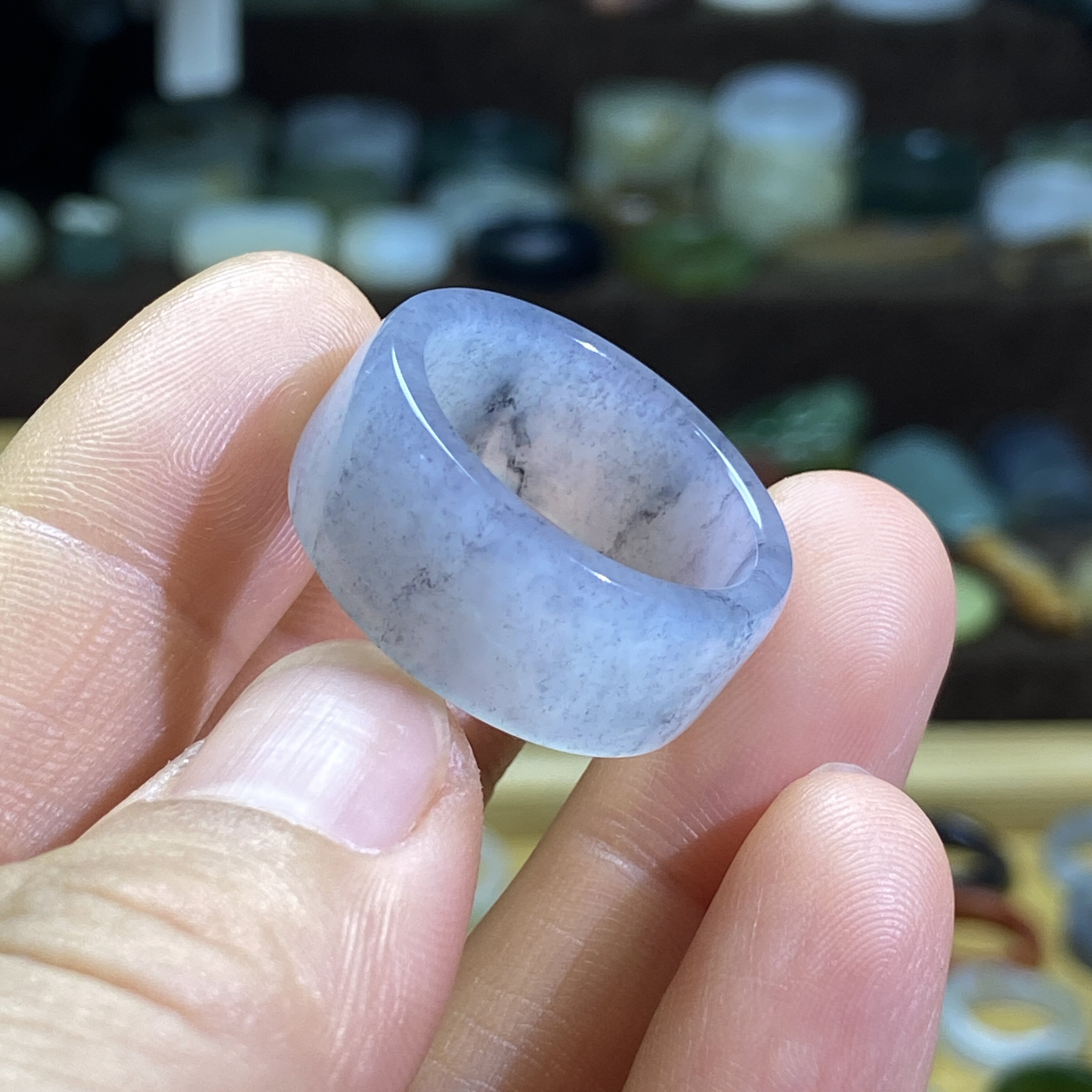 Hotan jade seed material blue and white card 19 large circle ring retro style ring jade ring cultural play beads running circle pendant