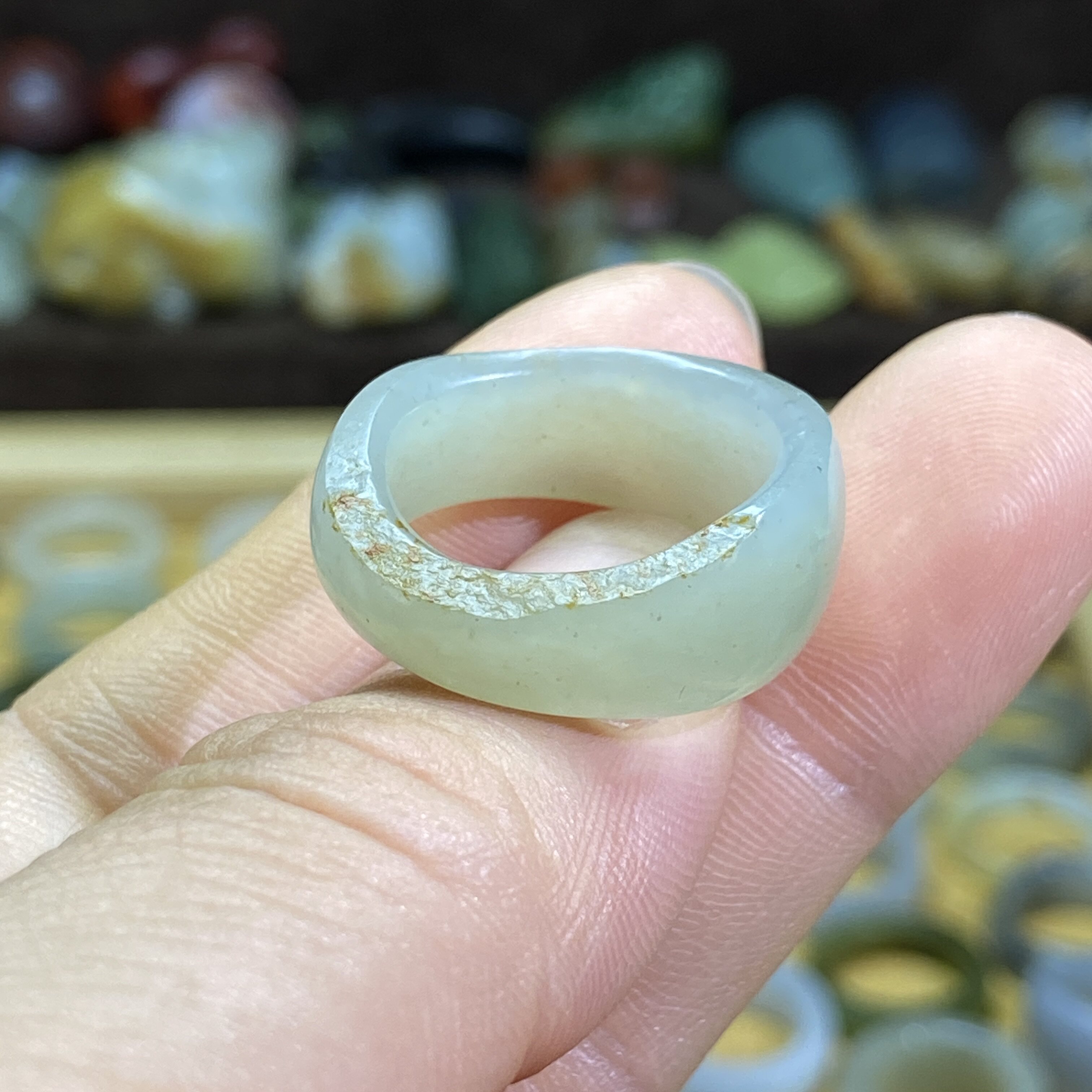 Hotan jade green and white jade seed card 17 random gold leather ring retro style ring jade ring cultural play bead string pendant