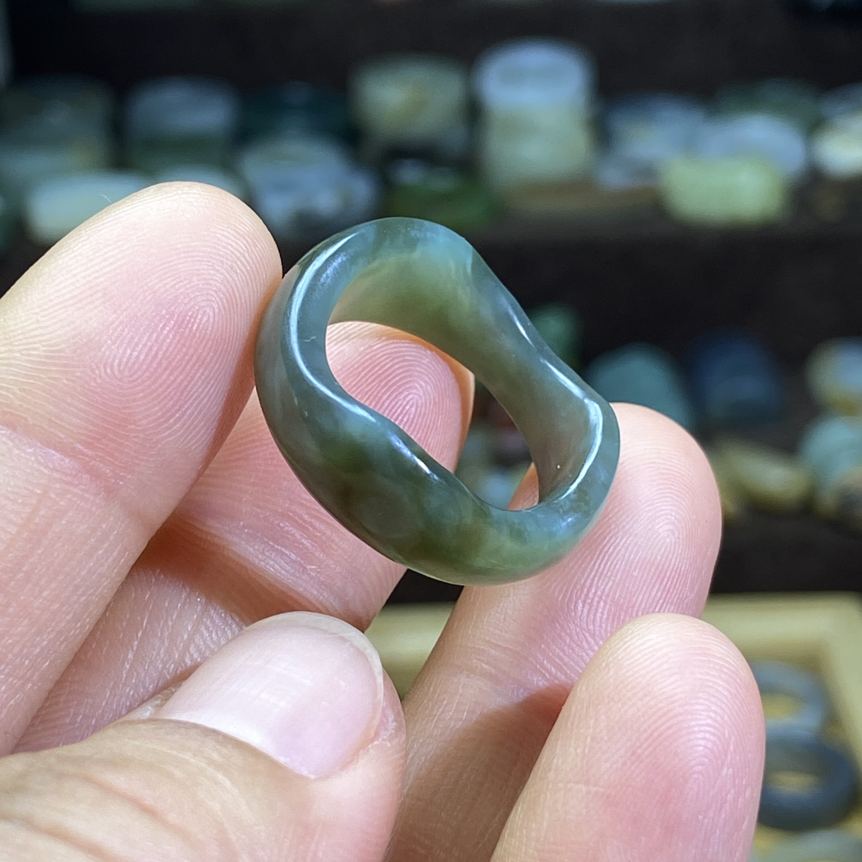 Hetian jade sapphire card 18-shaped ring retro style ring circle cultural play beads running circle clavicle chain jade ring pendant