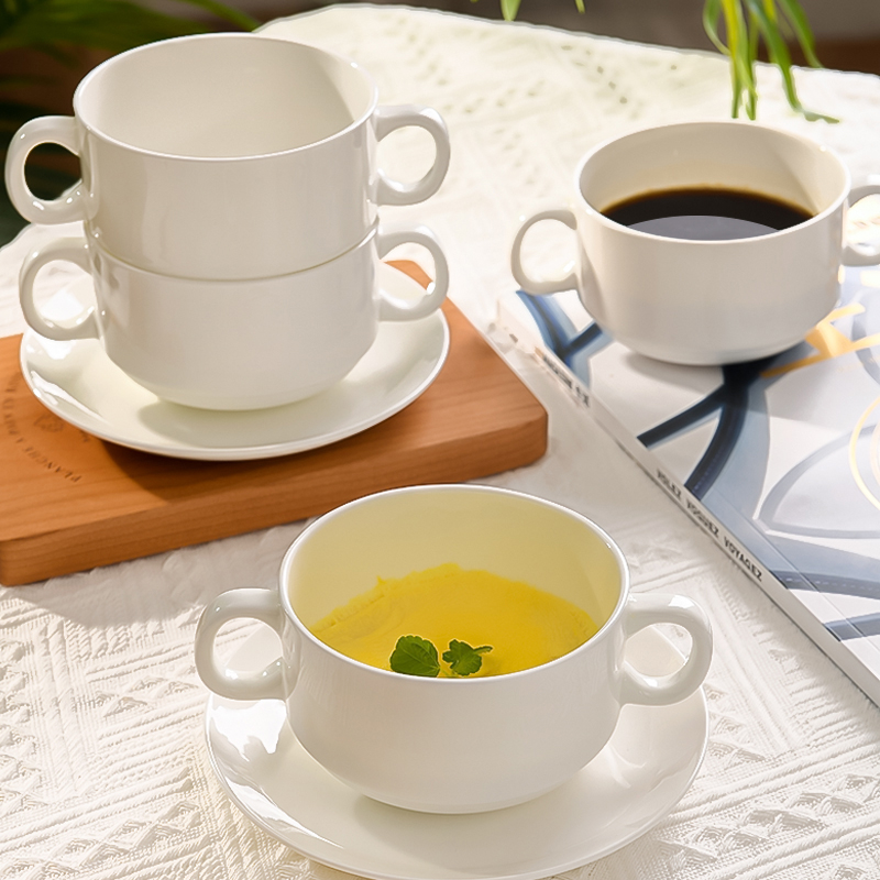 西式双耳汤碗白色汤杯汤盅碗陶瓷一人食餐具早餐粥碗汤盅带把手碗