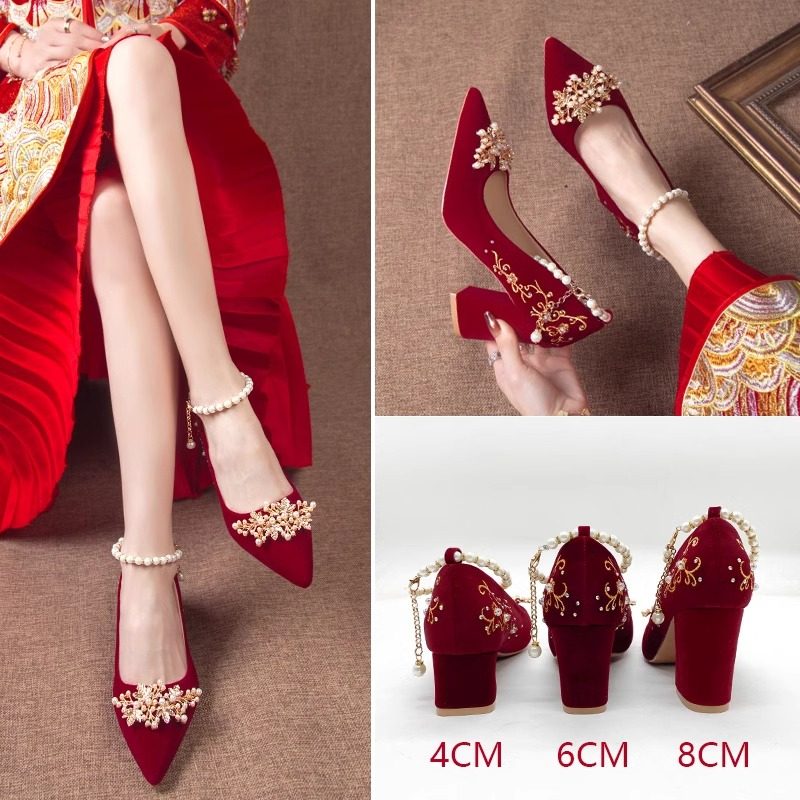 粗跟婚鞋秀禾鞋中式刺绣一字带优雅低跟孕妇不累脚红色高跟新娘鞋,淘宝优惠券,粉丝福利购,淘宝优惠卷