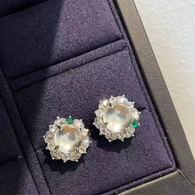芙丝菲尔925银针水沫玉镶嵌锆石新中式女耳钉 高品质百搭轻奢耳饰