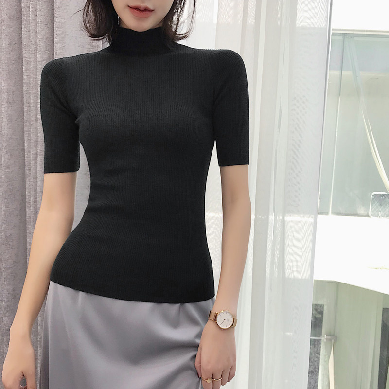 半高领秋季半袖中袖纯羊毛修身毛衣 jwje毛针织衫