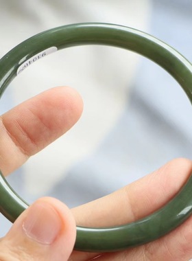 保真天然和田玉手镯64圈口证书5293046和田青绿色 青海黄口料圆条