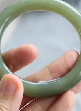 保真天然和田玉手镯57圈口证书编号6061333和田玉湖绿色 青海料