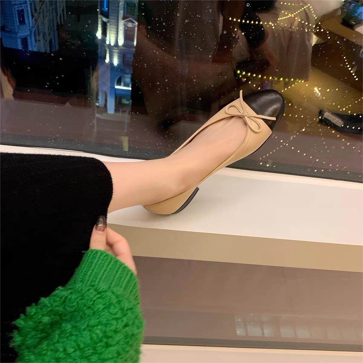 2024新款小香风圆头拼色蝴蝶结浅口单鞋女平底小皮鞋奶奶单鞋子