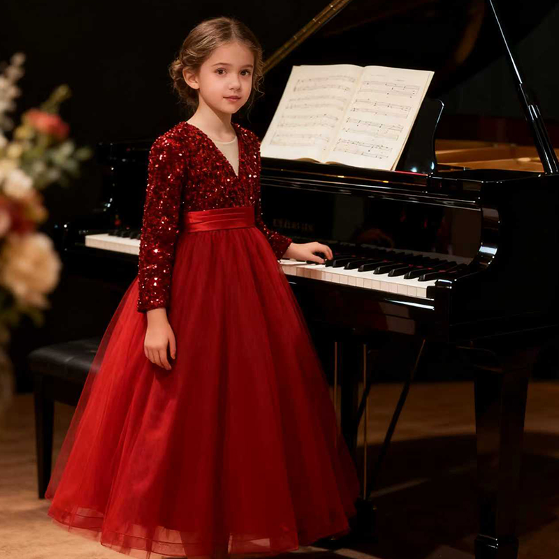 女童长袖礼服红色亮片轻奢洋服气公主裙圣诞新年生日主持钢琴演出,淘宝优惠券,粉丝福利购,淘宝优惠卷