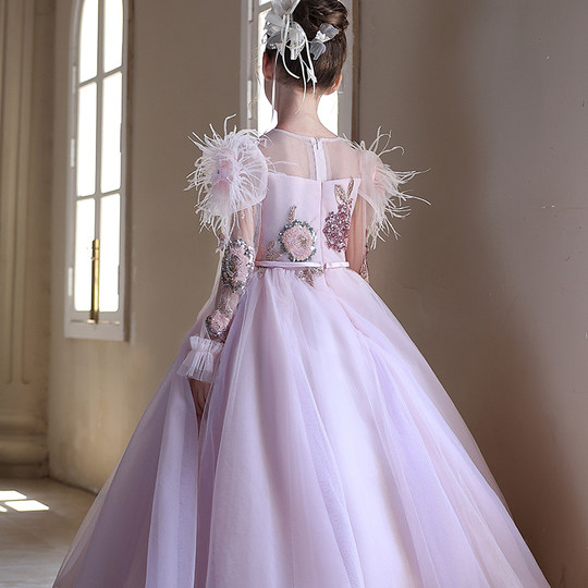 女孩粉色轻奢礼服洋气长袖公主裙花童生日走秀礼服钢琴主持演出服