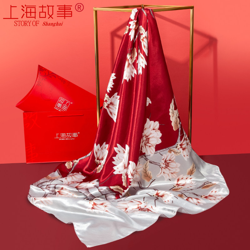 上海故事中国风红女三角2022大方巾 轻罗服饰配件围巾/丝巾/披肩