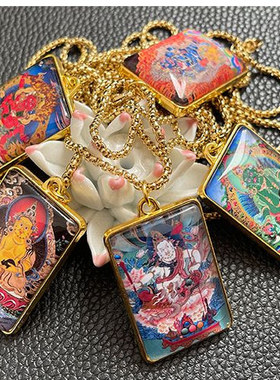 唐卡五姓财神项链双面吊坠饰品挂件白黑蓝红黄财神民族风古风新款