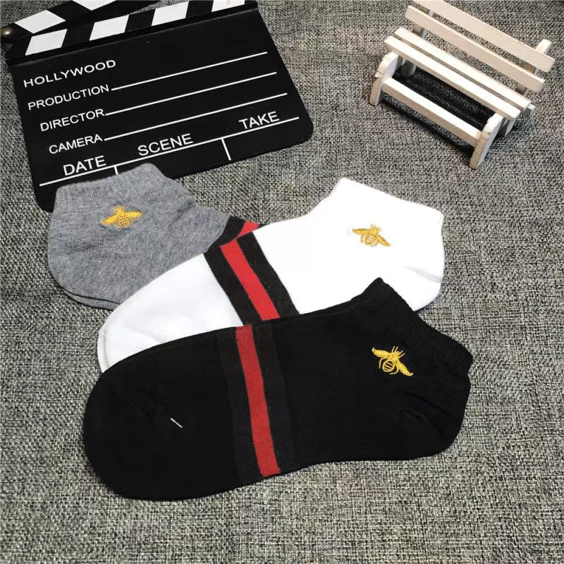 秋冬新款条纹短袜纯棉小蜜蜂刺绣袜子男女低帮短筒防臭透气袜子潮,淘宝优惠券,粉丝福利购,淘宝优惠卷