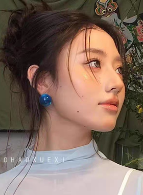 冰气泡酒~多巴胺粉色夏季清透蓝色圆球女耳钉甜美耳饰无耳洞耳夹