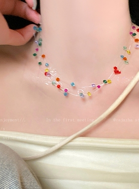 彩色多巴胺串珠项链女春时尚个性显脸小耳钉小众设计高级感锁骨链