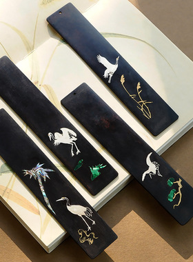 贝依瑞书签黑檀镶嵌松鹤国风书签紫檀木镶银嵌贝壳商务文创礼品