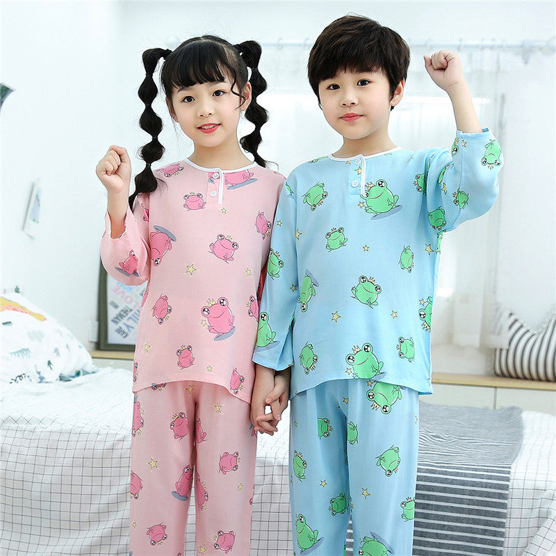 夏季棉绸小孩睡衣套装长袖薄家居服 欧比熊家居服套装