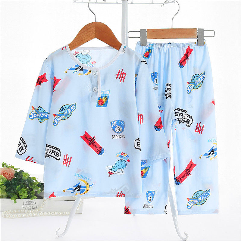 夏季棉绸小孩睡衣套装纯棉家居服 欧比熊家居服套装