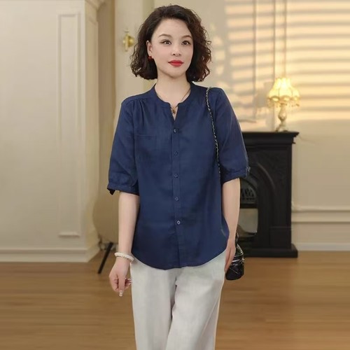 2025夏季新款中年妈妈棉麻苎麻上衣亚麻阔腿裤两件套洋气减龄套装 - 图0