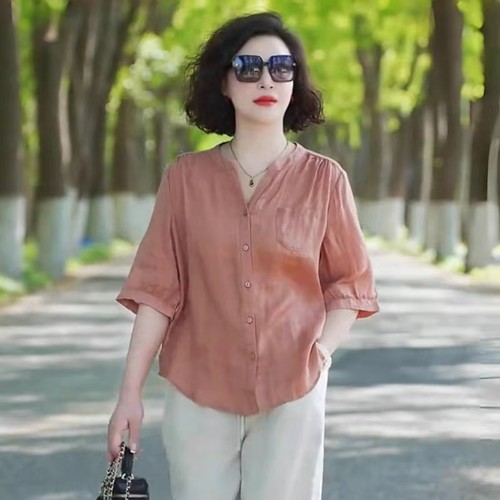 2025夏季新款中年妈妈棉麻苎麻上衣亚麻阔腿裤两件套洋气减龄套装 - 图1