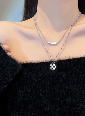 韩国棋盘格双层钛钢链条女小众高级感锁骨链独特个性气质颈链配饰