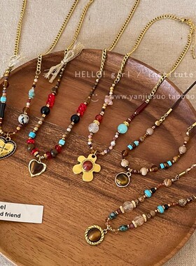 复古虎眼石圆形吊坠项链女轻奢高级感毛衣链秋冬美拉德卫衣配饰品