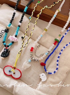 童趣彩色小猫星星项链女多巴胺可爱时尚锁骨链抽拉编织绳卫衣配饰