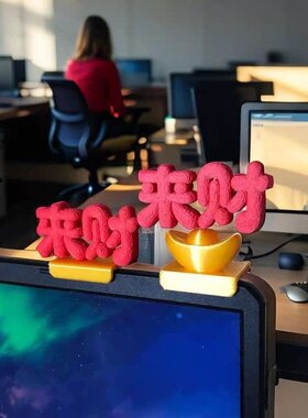爆款可爱创意来财立体电脑屏幕装饰品办公室客厅电视工位祈福摆件