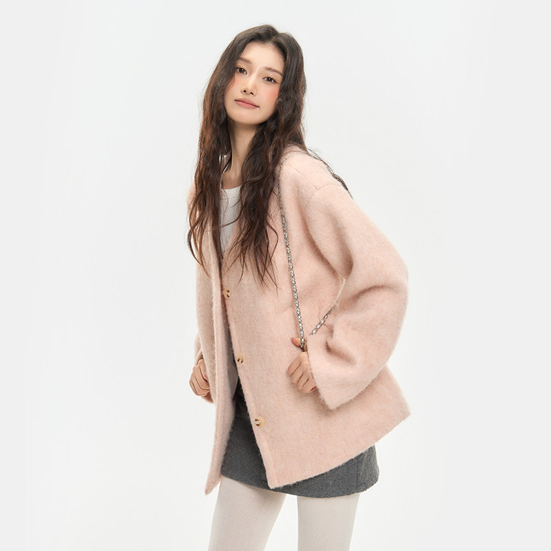 King Prince粉色毛毛呢外套女冬高级感宽松廓形加厚呢子羊毛开衫,淘宝优惠券,粉丝福利购,淘宝优惠卷