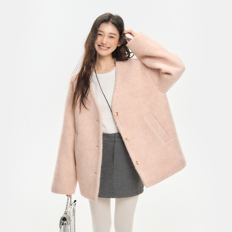 King Prince粉色毛毛呢外套女冬高级感宽松廓形加厚呢子羊毛开衫,淘宝优惠券,粉丝福利购,淘宝优惠卷