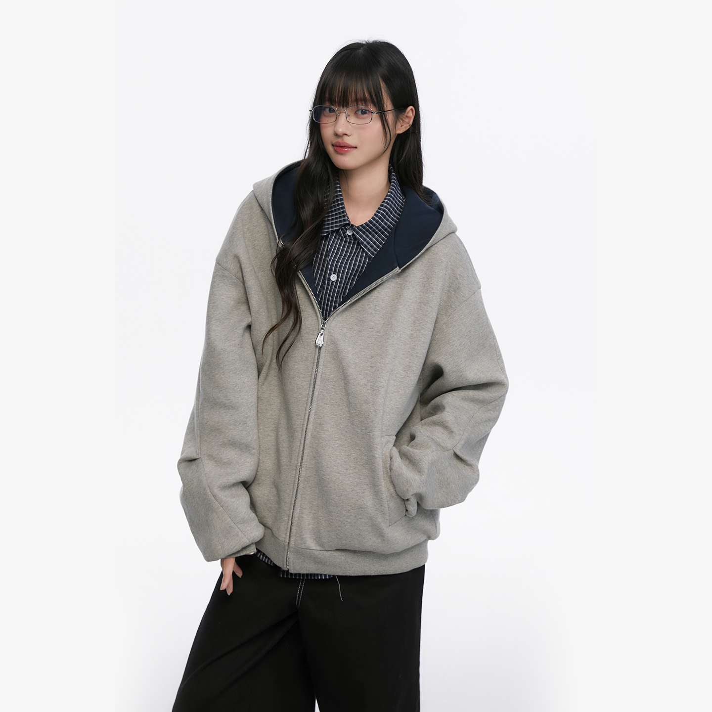 King Prince美式重磅廓形撞色拉链开衫卫衣情侣连帽外套秋冬上衣 - 图1