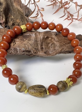 原创天然满色满肉南红玛瑙沉香手串新中式国风串珠手链女汉服叠戴