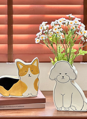 柯基比熊犬创意花瓶摆件客厅插花干花办公室轻奢高级感生日乔迁礼