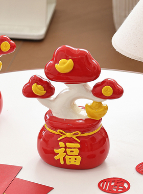 马年福气发财树创意红色陶瓷新年乔迁办公桌装饰高级感小众开业礼