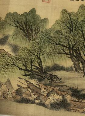 明樊圻柳村渔乐图青绿w山水人物工笔国画长卷高清微喷复制画