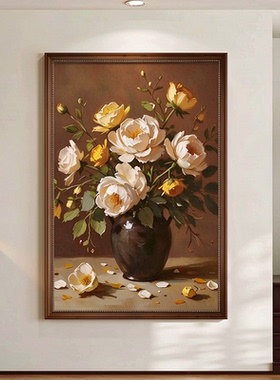 复古中古风白玫瑰花卉玄关装饰画