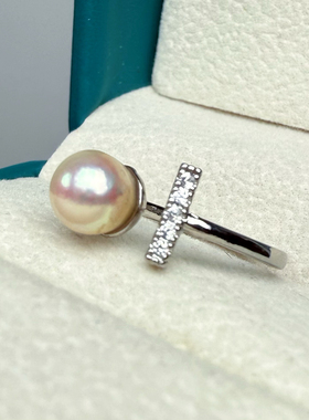 强光炫彩正圆Akoya纯天然海水珍珠戒指可调节开口圈复古气质