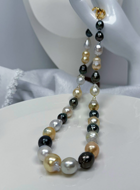 海水三兄弟大溪地黑珍珠南洋金珠澳白混搭欧美时尚珍珠项链