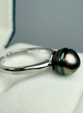 极光炫彩大溪地螺纹正圆纯天然海水黑珍珠925纯银戒指可调节