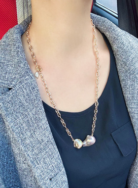 一物一拍天然珍珠强光绿光蝴蝶结大巴无核碎银子猪鼻项链毛衣链