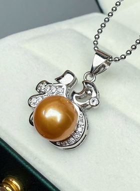 新年新款福字金珠纯天然淡水珍珠项链S925纯银吊坠赠送钛钢链