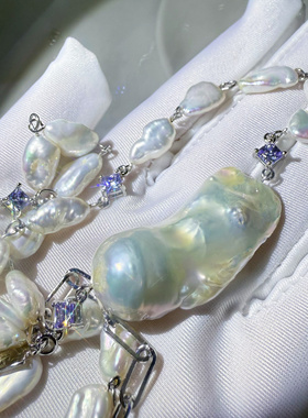 银蓝光巨大37mm大巴无核花瓣碎银子纯天然淡水珍珠项链满天星