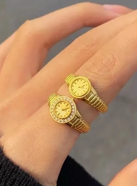 微镶钻戒指时尚小金表越南沙金520开口镀金数字手表女式黄铜