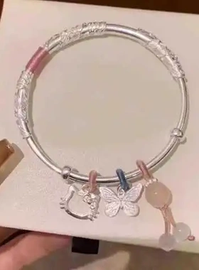 繁花似锦手镯女爆款kitty猫蝴蝶开口银手镯小众百搭闺蜜情侣手镯