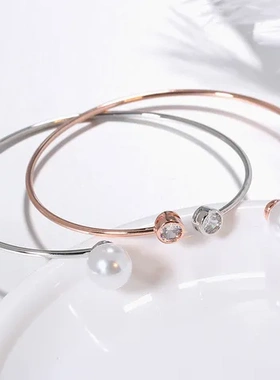 开口珍珠几何手环女可调节手链镶锆石手镯欧美风简约时尚女士