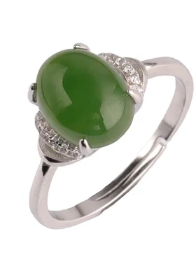 玉石指环复古风活口和田玉925纯银戒指镶嵌带证书新中式女戒碧玉