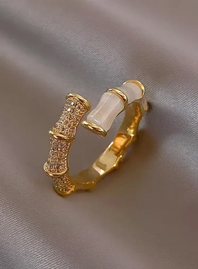 戒指锆石步步高微镶网红女猫眼石开口戒时尚韩版锆石指环个性竹节