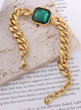 手饰大气粗手链钛钢时尚欧美时尚E076绿色精致ins镀18K金锆石配饰