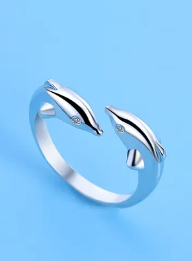 工厂戒指恋爱热卖巧兰轩女双海豚仿纯银开口幸福指环