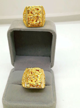 越南沙金龙戒浮雕霸气男士开口戒指黄铜电镀24k金首饰欧币饰品潮